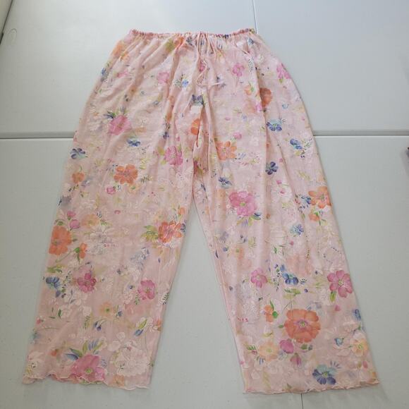 Victoria's Secret Pants Womens Medium Pink Floral Sheer Mesh Drawstring Lounge - Picture 1 of 9